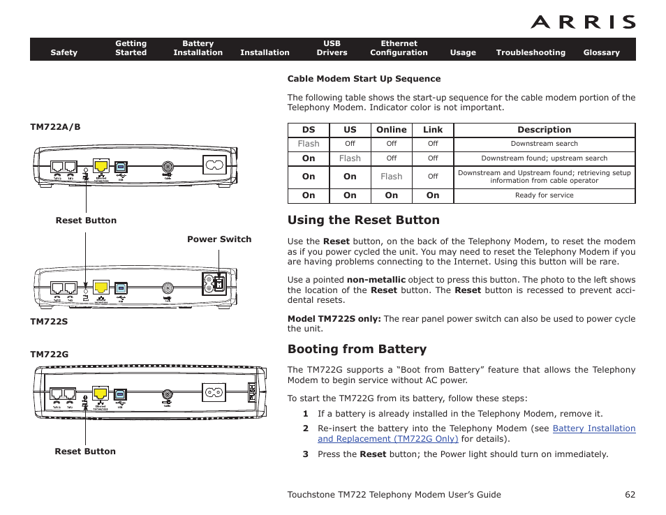 Cable modem start up sequence, Using the reset button, Booting from battery | Battery mismatch, Indicator lights: normal operatio, Indicator lights: startup sequenc, Art up sequence | ARRIS TM722G-CT User Guide User Manual | Page 62 / 73