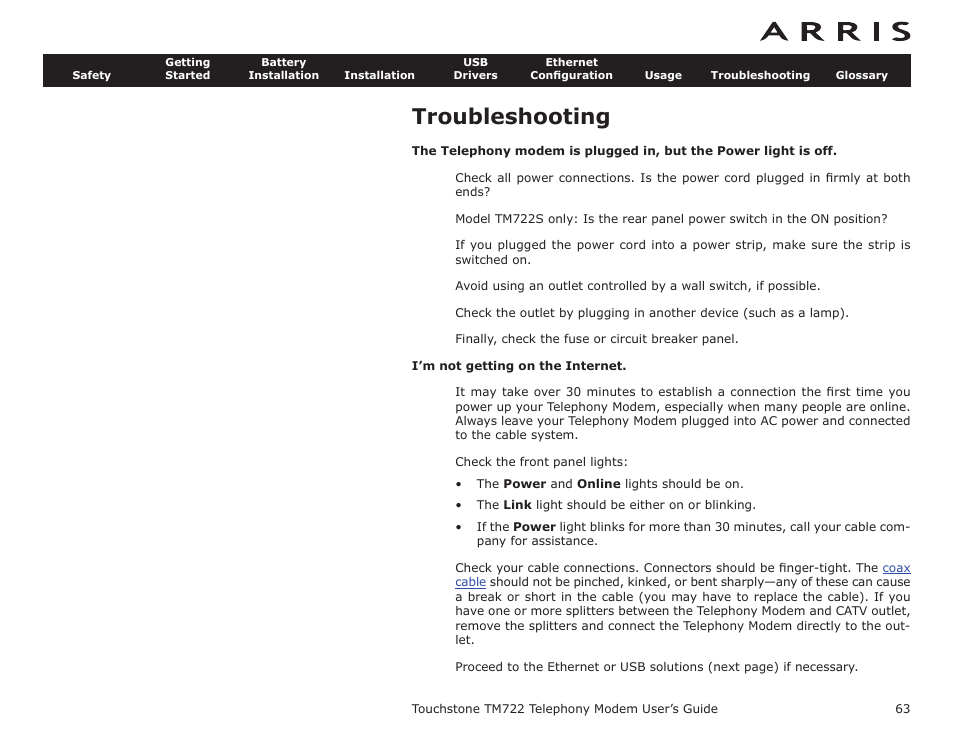 Troubleshooting, Cable modem st, P, then ﬂashes | Troubleshoot | ARRIS TM722G-CT User Guide User Manual | Page 63 / 73