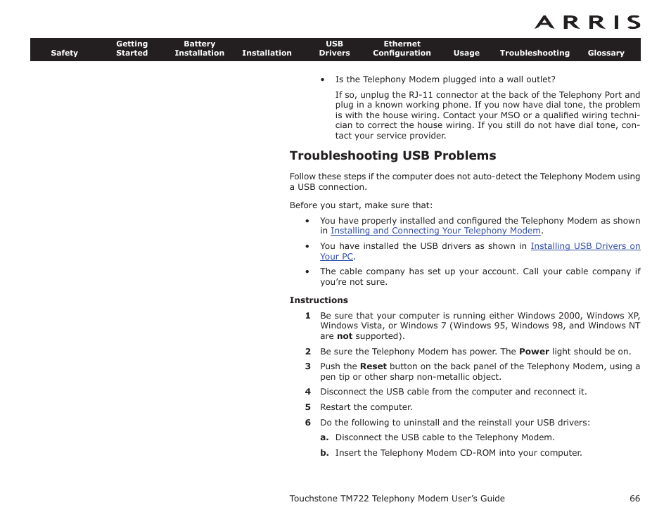 Troubleshooting usb problems, Instructions, Using the reset button | Booting from battery, Hooting, Hooting usb problems | ARRIS TM722G-CT User Guide User Manual | Page 66 / 73