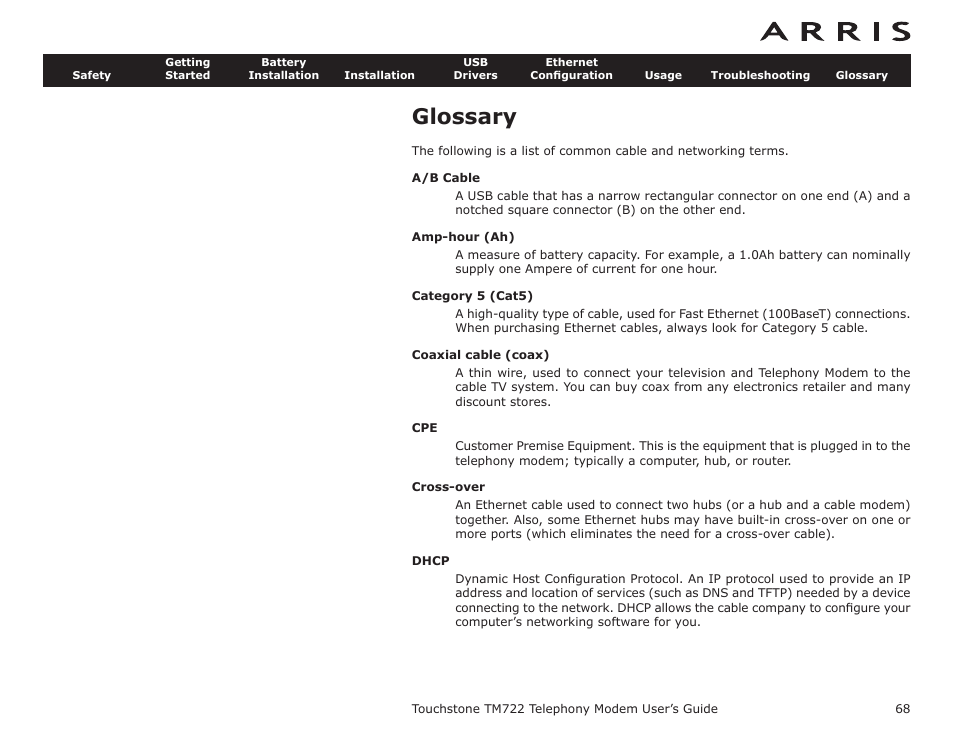 Glossary, Troubles, Instructi | Coax cable, A/b cable, Check, Coax, Cable | ARRIS TM722G-CT User Guide User Manual | Page 68 / 73