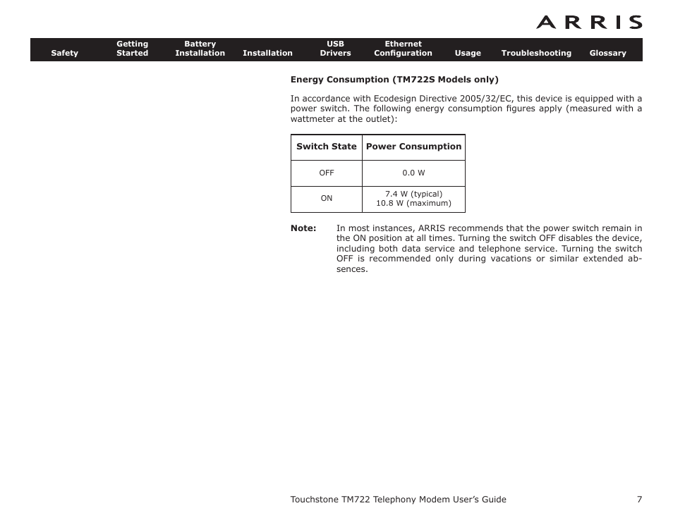 Energy consumption (tm722s models only), Safety requirements, Els only) | ARRIS TM722G-CT User Guide User Manual | Page 7 / 73