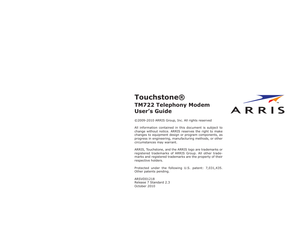 Touchstone, Tm722 telephony modem user’s guide | ARRIS TM722G-CT User Guide User Manual | Page 73 / 73