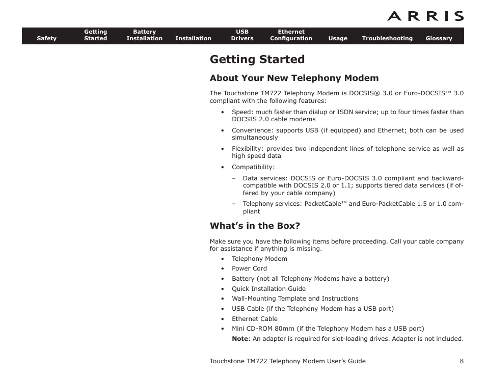 Getting started, About your new telephony modem, What’s in the box | Fcc part 15, European compliance, Energy consumption (tm722s mod, Lephony modem, Getting, Started | ARRIS TM722G-CT User Guide User Manual | Page 8 / 73