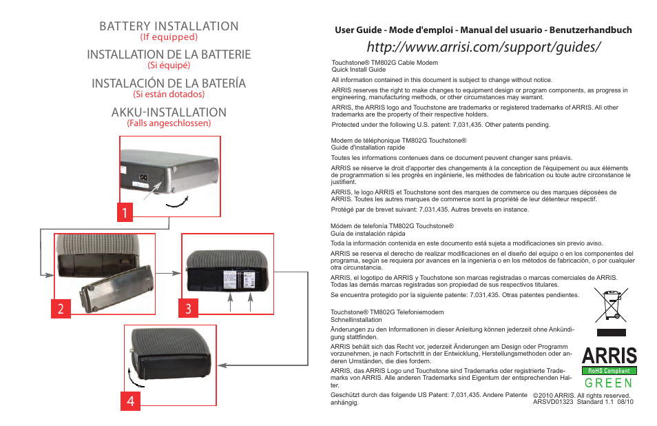 Battery installation, Installation de la batterie, Instalación de la batería | Akku-installation | ARRIS TM802 Quick Start Guide User Manual | Page 2 / 2