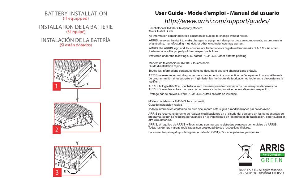 Battery installation, User guide - mode d'emploi - manual del usuario, Installation de la batterie | Instalación de la batería | ARRIS TM804G Quick Start Guide User Manual | Page 2 / 2