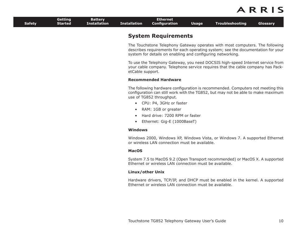 System requirements, Recommended hardware, Windows | Macos, Linux/other unix | ARRIS TG852G-NA User Guide User Manual | Page 10 / 60