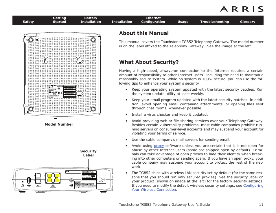 About this manual, What about security | ARRIS TG852G-NA User Guide User Manual | Page 11 / 60