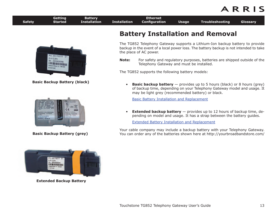 Battery installation and removal, Battery, Installation | ARRIS TG852G-NA User Guide User Manual | Page 13 / 60