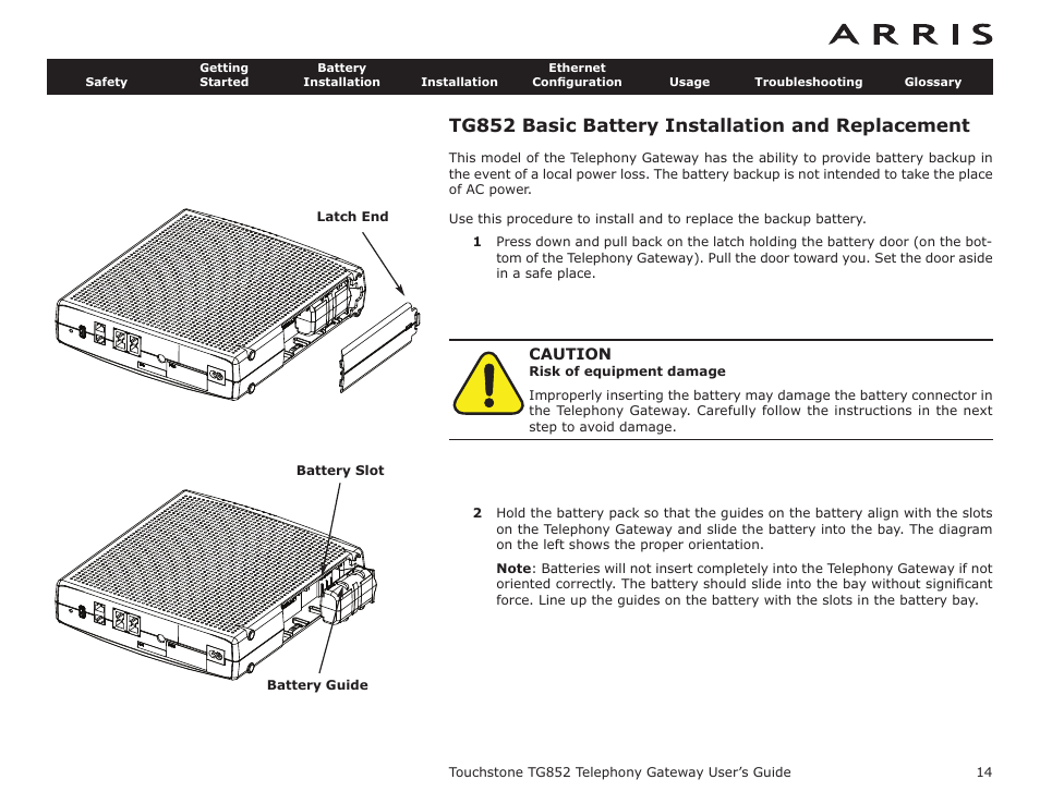 Tg852 basic battery installation and replacement, Basic battery installation and replacement | ARRIS TG852G-NA User Guide User Manual | Page 14 / 60