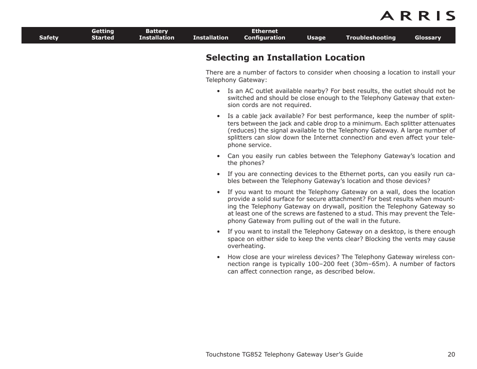 Selecting an installation location | ARRIS TG852G-NA User Guide User Manual | Page 20 / 60