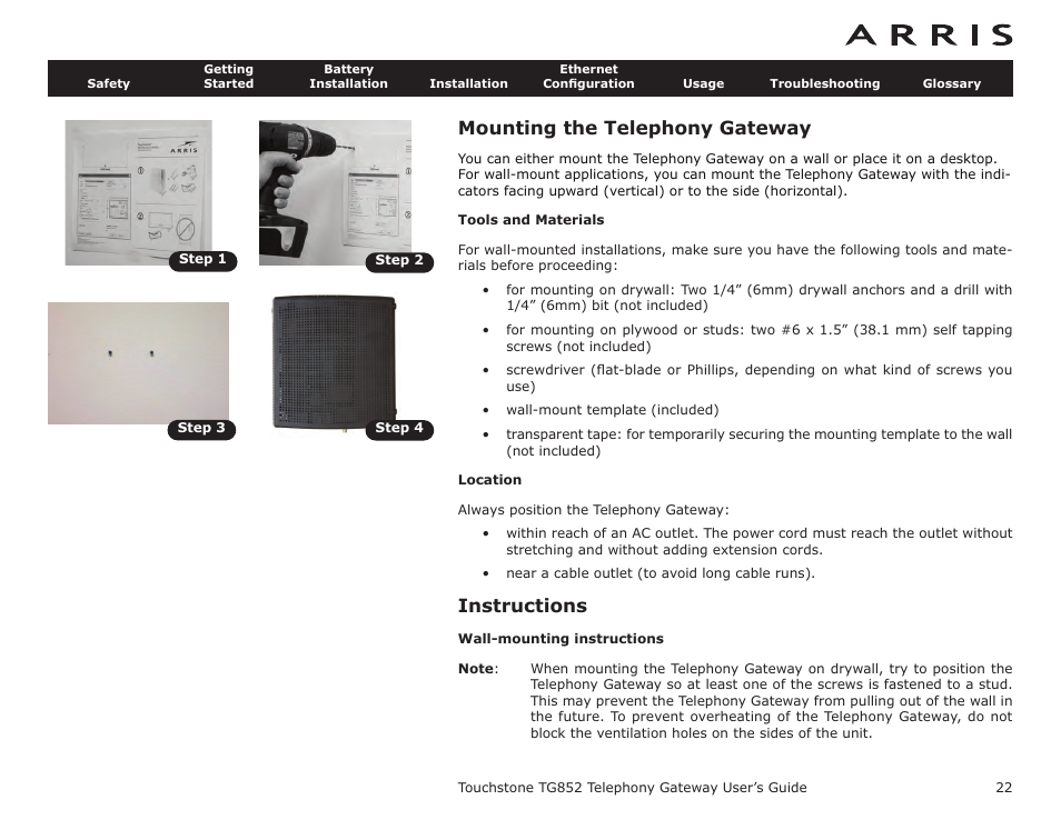 Mounting the telephony gateway, Tools and materials, Location | Instructions, Wall-mounting instructions | ARRIS TG852G-NA User Guide User Manual | Page 22 / 60