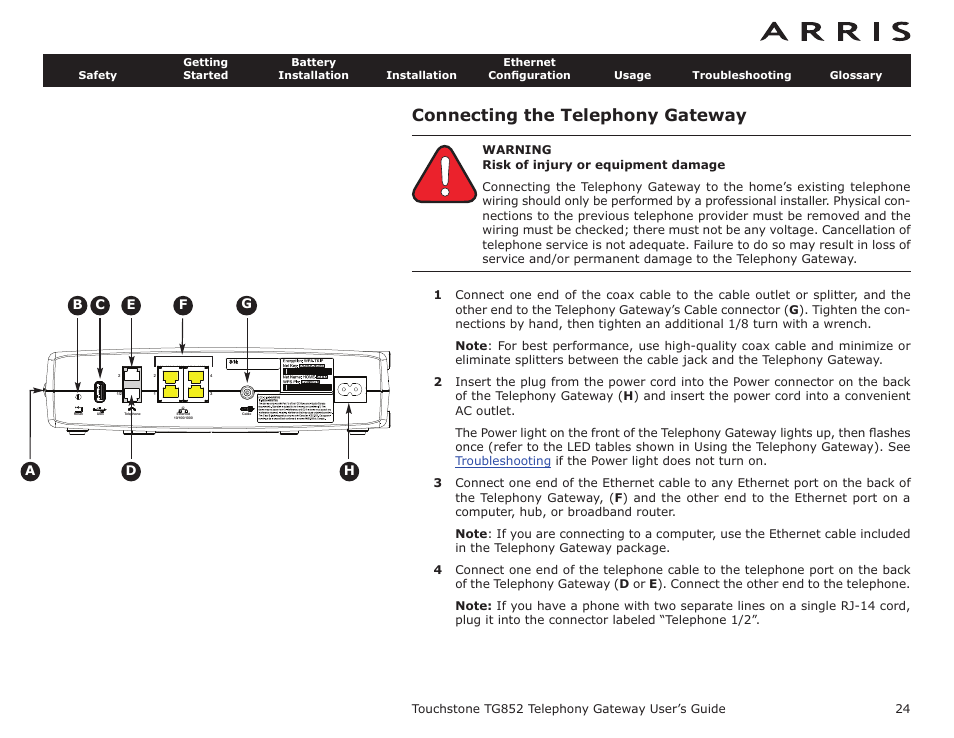 Connecting the telephony gateway | ARRIS TG852G-NA User Guide User Manual | Page 24 / 60