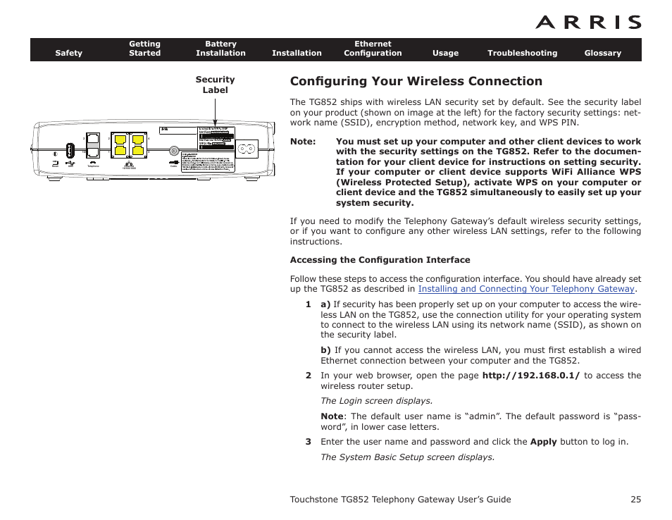 Configuring your wireless connection, Accessing the configuration interface, Conﬁguring | Your wireless connection, Conﬁguring your wireless connection | ARRIS TG852G-NA User Guide User Manual | Page 25 / 60