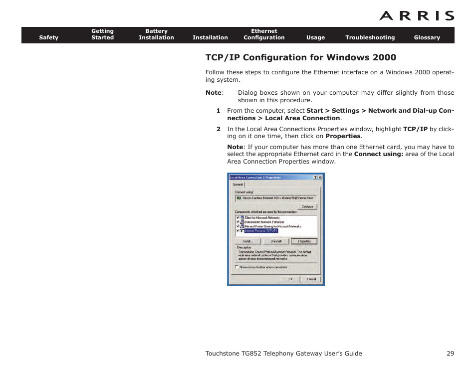 Tcp/ip configuration for windows 2000, Tcp/ip conﬁguration for windows 2000 | ARRIS TG852G-NA User Guide User Manual | Page 29 / 60