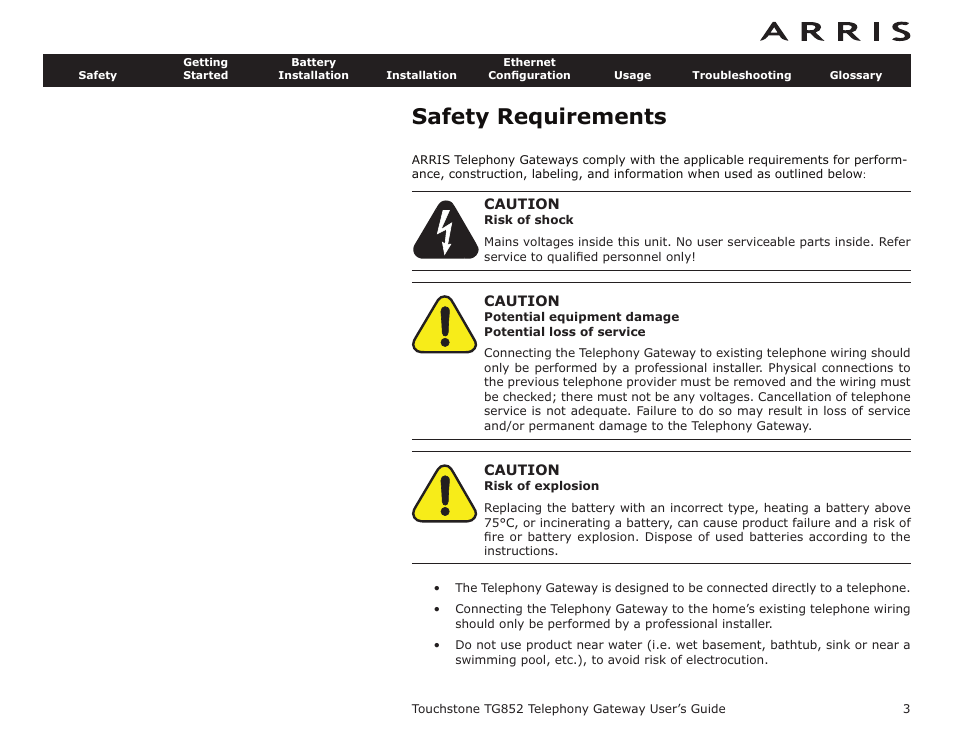 Safety requirements | ARRIS TG852G-NA User Guide User Manual | Page 3 / 60