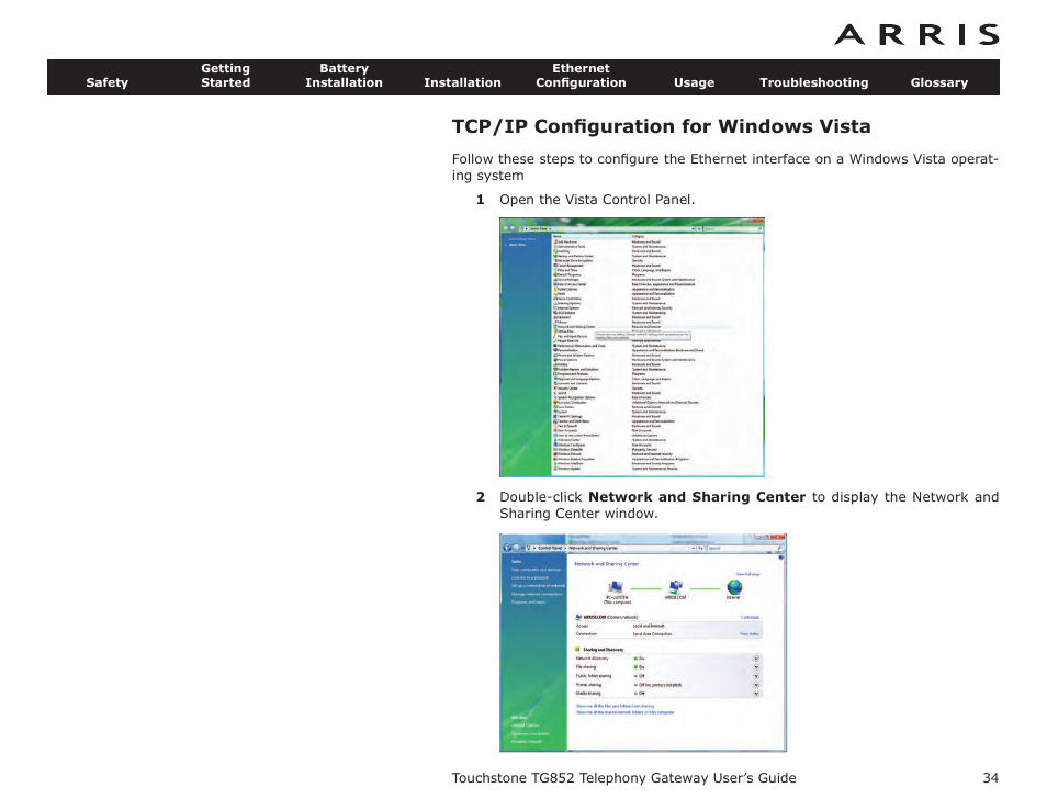 Tcp/ip configuration for windows vista, Tcp/ip conﬁguration for windows vista | ARRIS TG852G-NA User Guide User Manual | Page 34 / 60