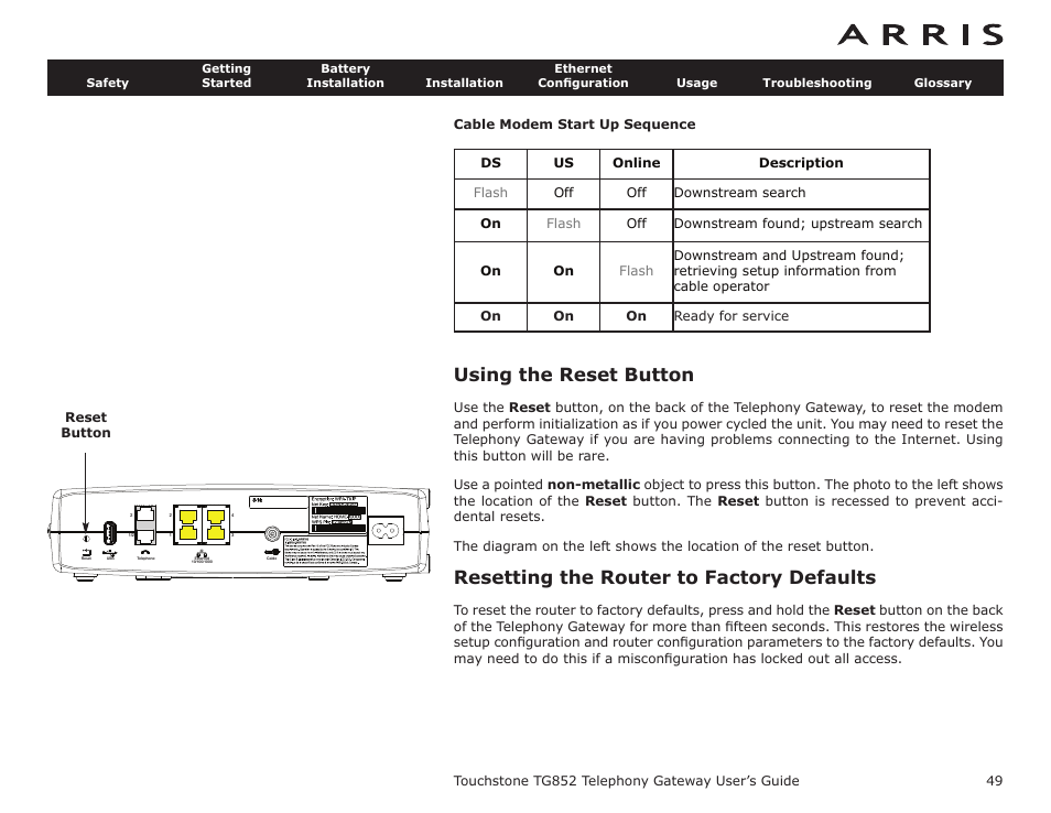 Cable modem start up sequence, Using the reset button, Resetting the router to factory defaults | ARRIS TG852G-NA User Guide User Manual | Page 49 / 60