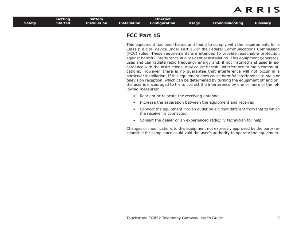 Fcc part 15 | ARRIS TG852G-NA User Guide User Manual | Page 5 / 60