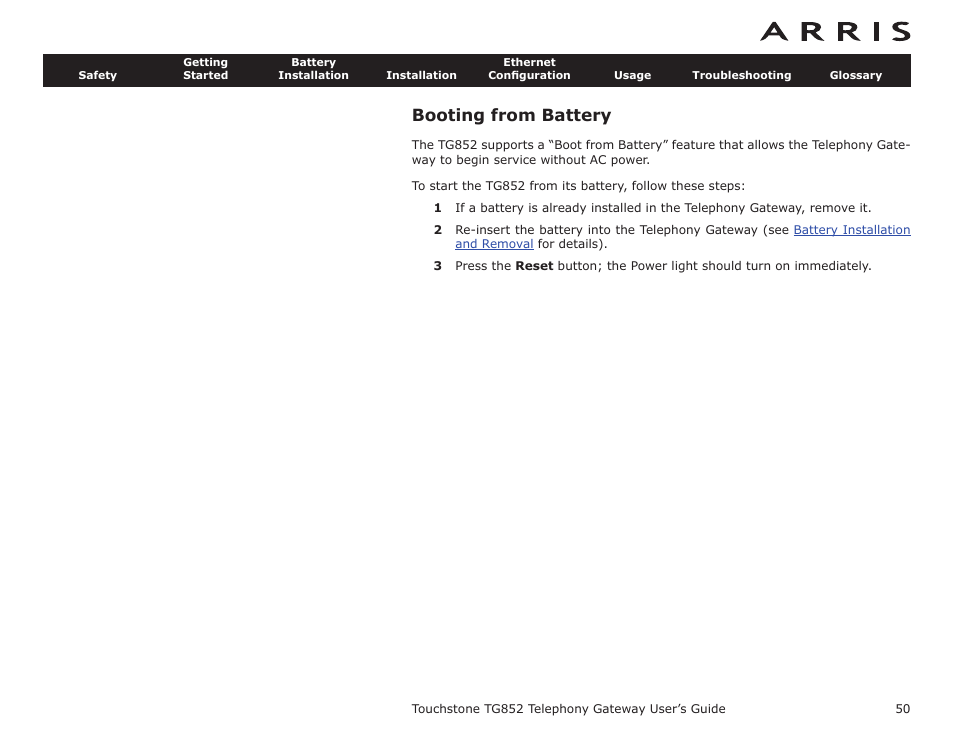 Booting from battery | ARRIS TG852G-NA User Guide User Manual | Page 50 / 60