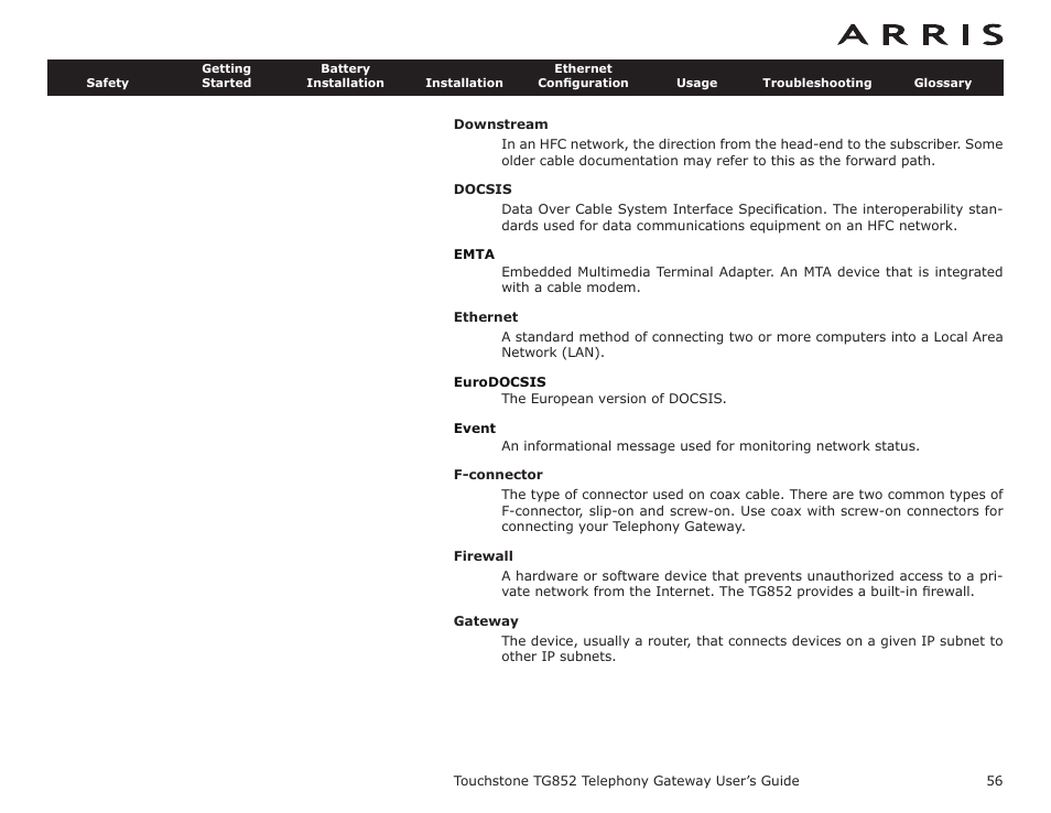 Ethernet | ARRIS TG852G-NA User Guide User Manual | Page 56 / 60