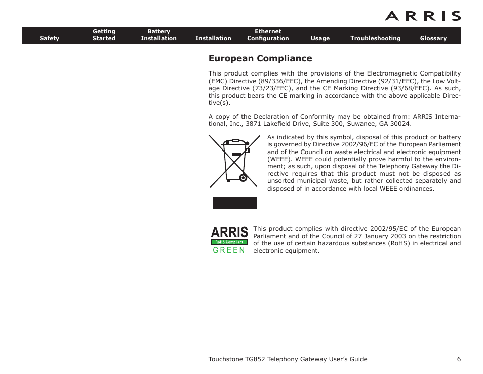 European compliance | ARRIS TG852G-NA User Guide User Manual | Page 6 / 60