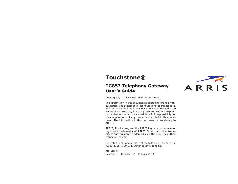 Touchstone, Tg852 telephony gateway user’s guide | ARRIS TG852G-NA User Guide User Manual | Page 60 / 60