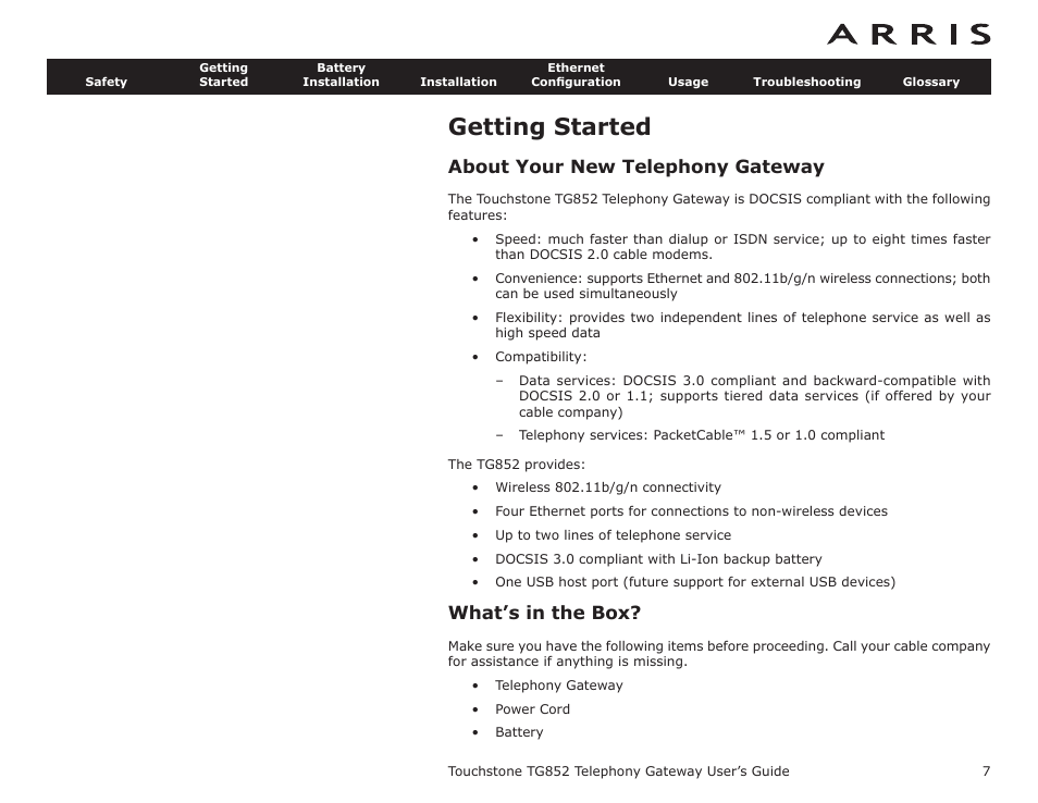 Getting started, About your new telephony gateway, What’s in the box | Getting, Started | ARRIS TG852G-NA User Guide User Manual | Page 7 / 60