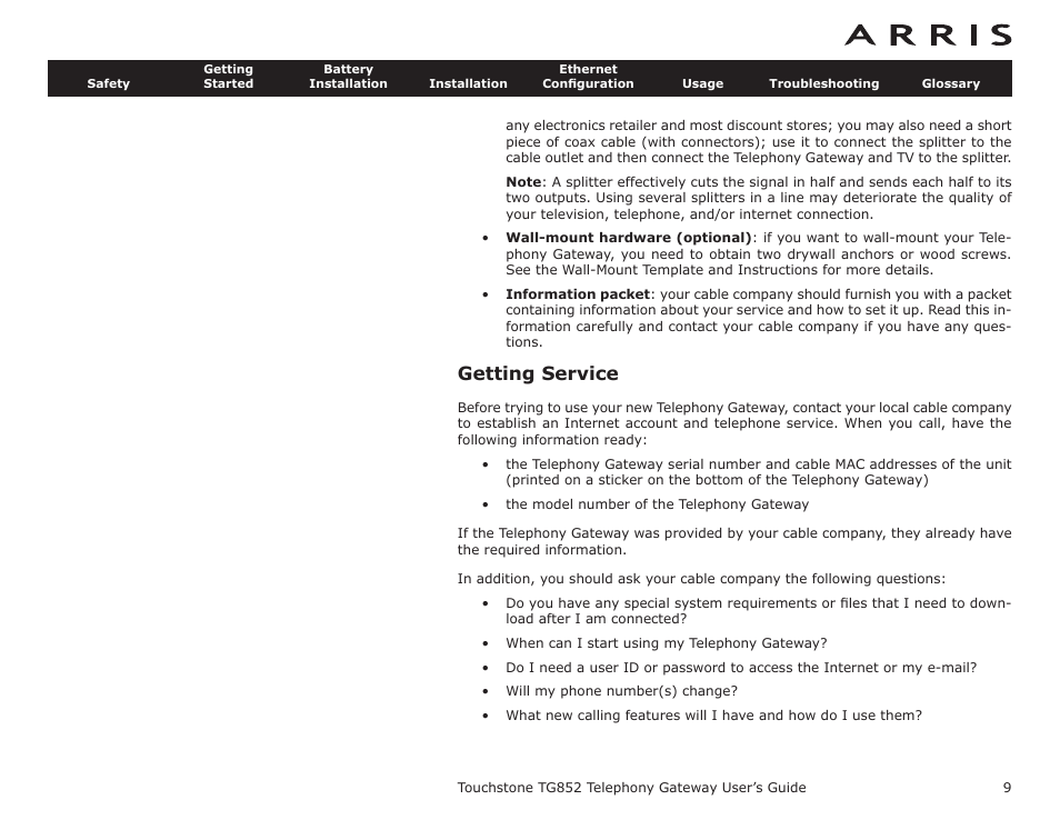 Getting service | ARRIS TG852G-NA User Guide User Manual | Page 9 / 60