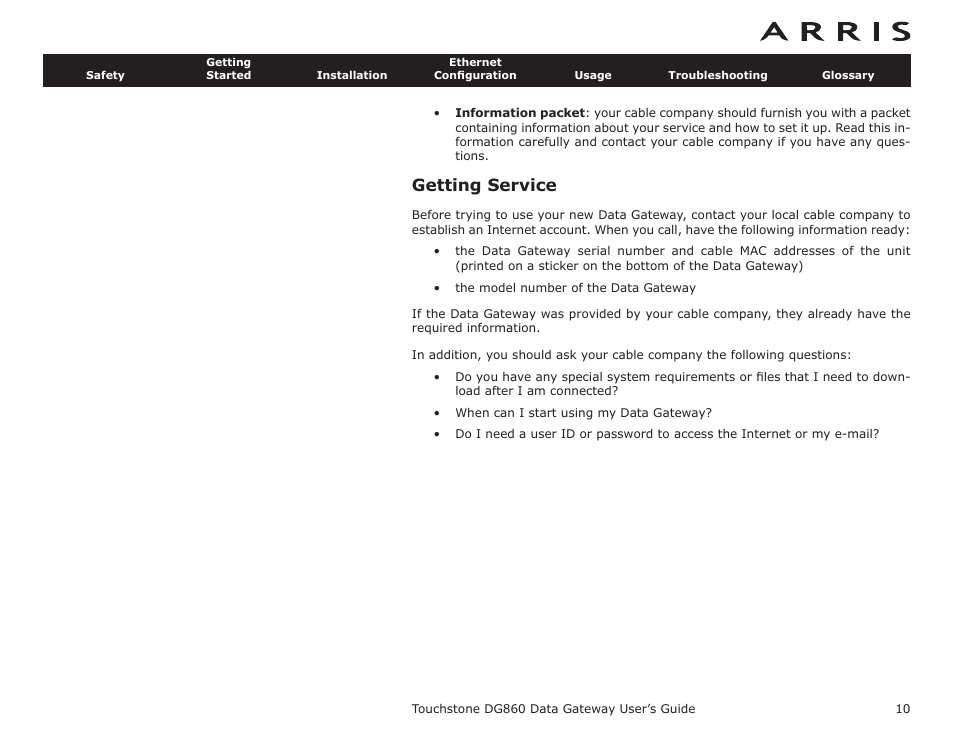 Getting service | ARRIS DG860 User Guide User Manual | Page 10 / 47