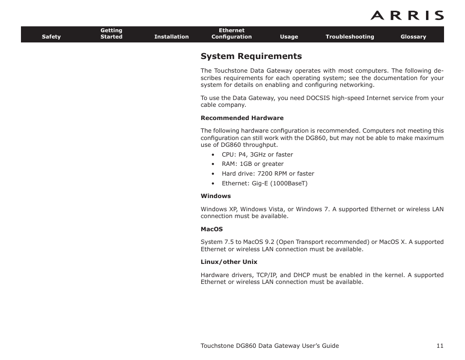 System requirements, Recommended hardware, Windows | Macos, Linux/other unix | ARRIS DG860 User Guide User Manual | Page 11 / 47