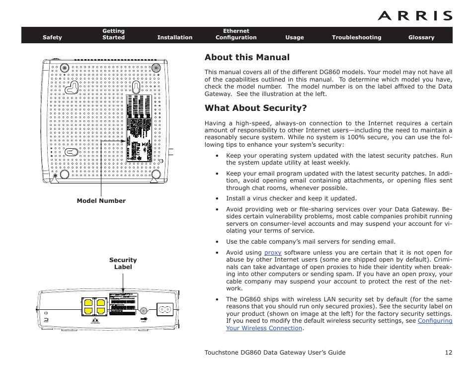 About this manual, What about security | ARRIS DG860 User Guide User Manual | Page 12 / 47