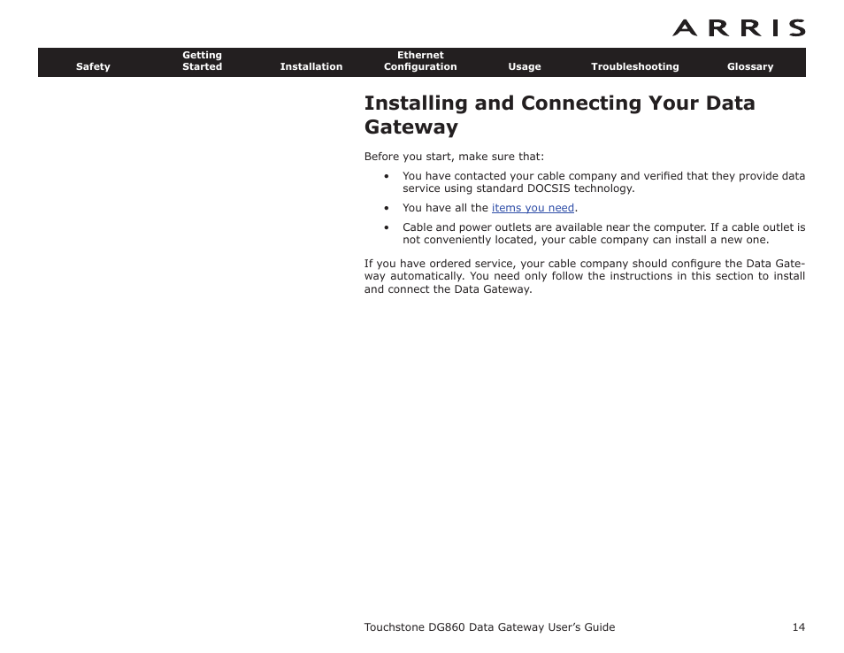 Installing and connecting your data gateway, Installation | ARRIS DG860 User Guide User Manual | Page 14 / 47