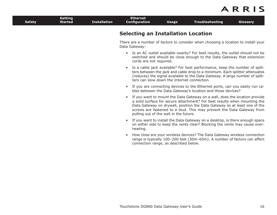 Selecting an installation location | ARRIS DG860 User Guide User Manual | Page 16 / 47