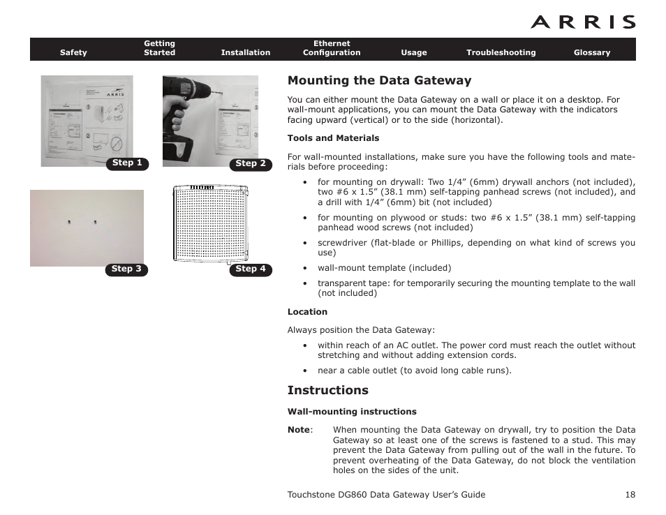 Mounting the data gateway, Tools and materials, Location | Instructions, Wall-mounting instructions | ARRIS DG860 User Guide User Manual | Page 18 / 47