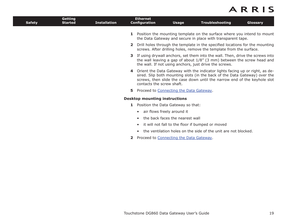 Desktop mounting instructions | ARRIS DG860 User Guide User Manual | Page 19 / 47