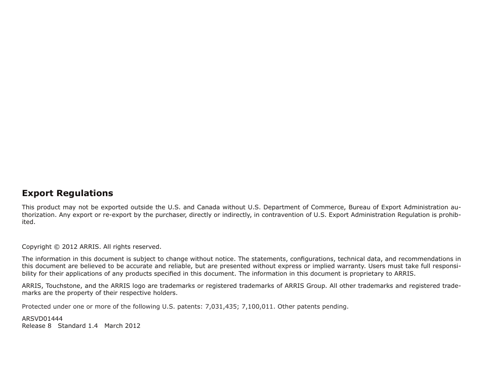 Export regulations | ARRIS DG860 User Guide User Manual | Page 2 / 47