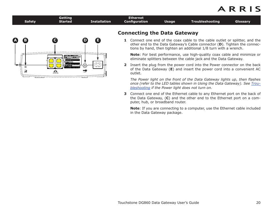 Connecting the data gateway | ARRIS DG860 User Guide User Manual | Page 20 / 47