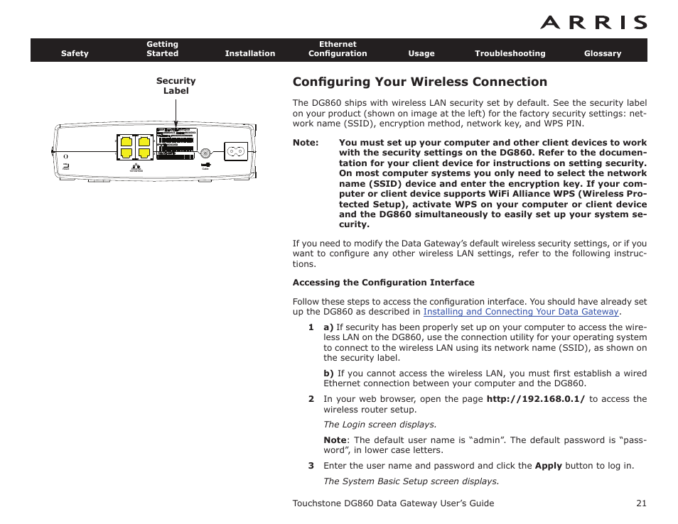 Configuring your wireless connection, Accessing the configuration interface, Conﬁguring | Your wireless connection, Conﬁguring your wireless connection | ARRIS DG860 User Guide User Manual | Page 21 / 47