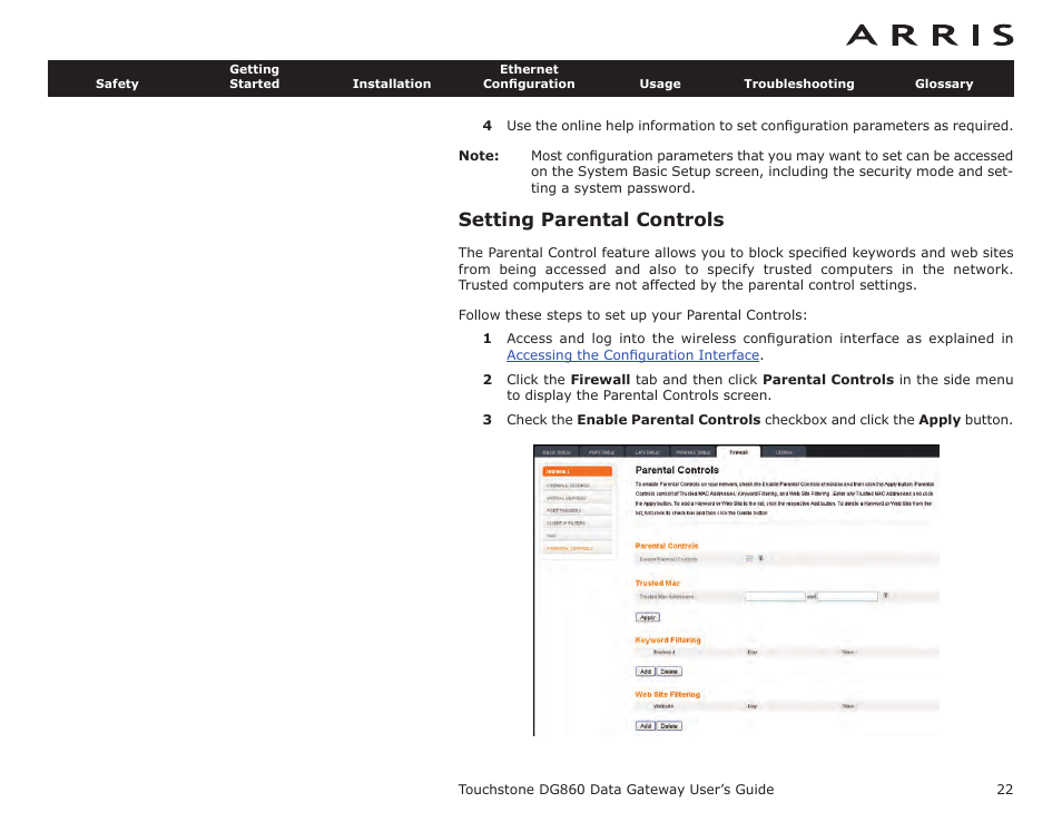 Setting parental controls | ARRIS DG860 User Guide User Manual | Page 22 / 47