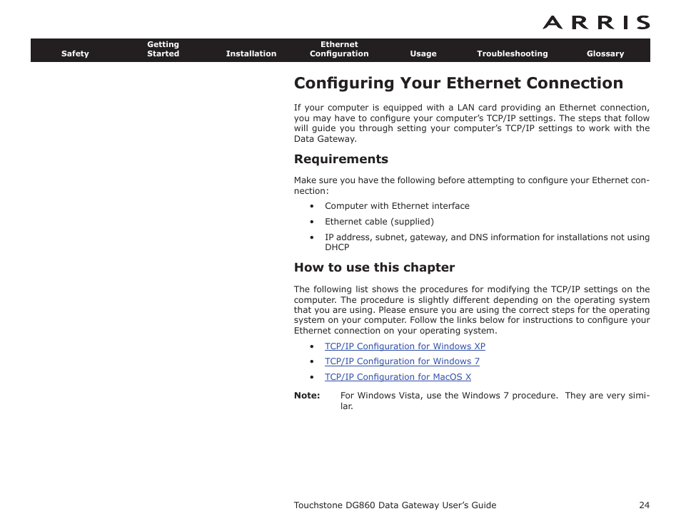 Configuring your ethernet connection, Requirements, How to use this chapter | Conﬁguring your ethernet connection, Ethernet, Conﬁguration | ARRIS DG860 User Guide User Manual | Page 24 / 47