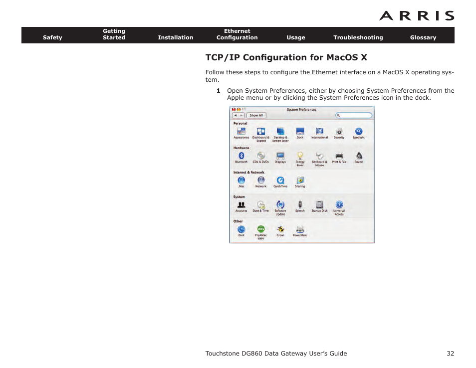 Tcp/ip configuration for macos x, Tcp/ip conﬁguration for macos x | ARRIS DG860 User Guide User Manual | Page 32 / 47