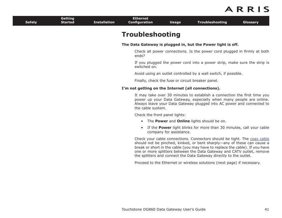 Troubleshooting, Trou, Bleshooting | ARRIS DG860 User Guide User Manual | Page 41 / 47