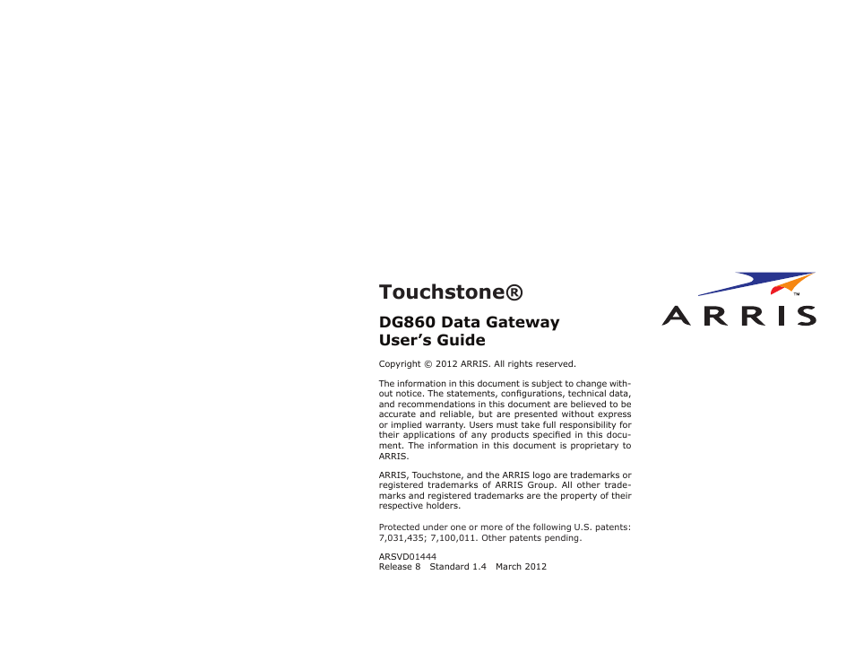 Touchstone, Dg860 data gateway user’s guide | ARRIS DG860 User Guide User Manual | Page 47 / 47