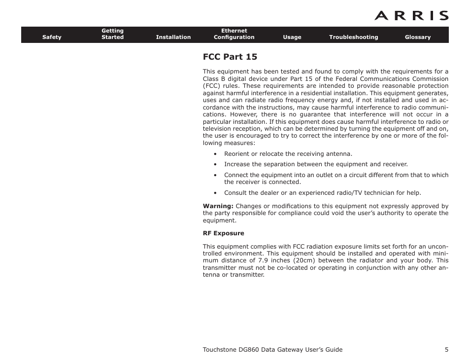 Fcc part 15, Rf exposure | ARRIS DG860 User Guide User Manual | Page 5 / 47