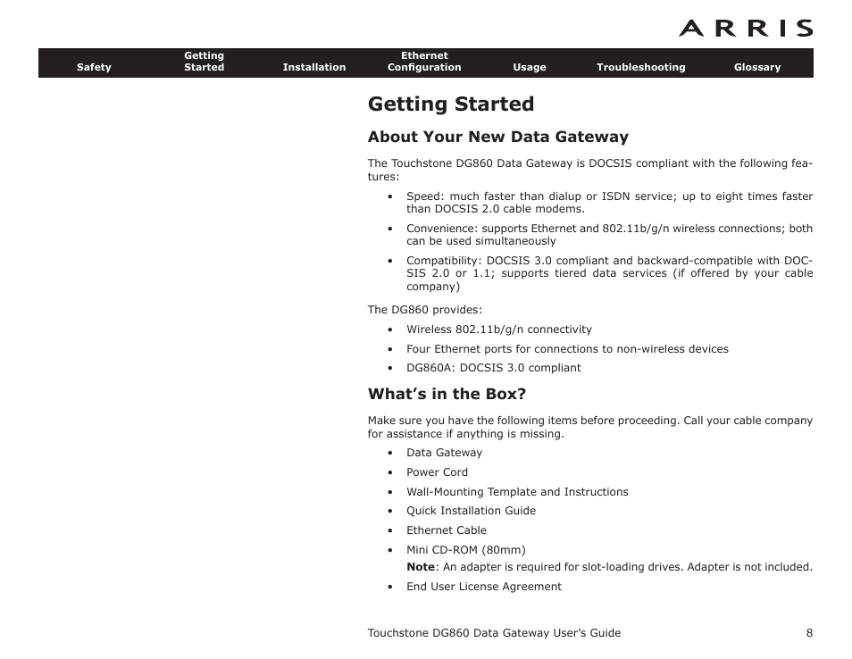 Getting started, About your new data gateway, What’s in the box | Getting, Started | ARRIS DG860 User Guide User Manual | Page 8 / 47