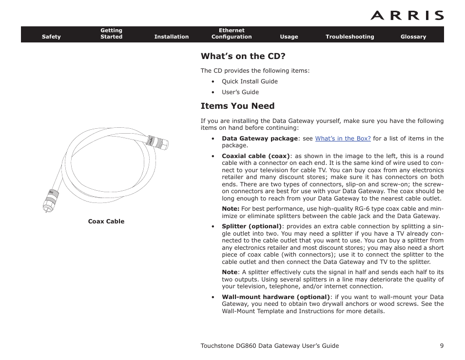 What’s on the cd, Items you need | ARRIS DG860 User Guide User Manual | Page 9 / 47