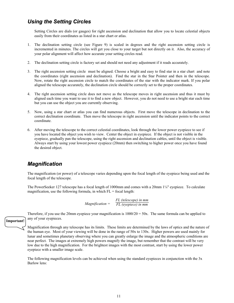 Using the setting circles, Magnification | Celestron 127 User Manual | Page 11 / 15