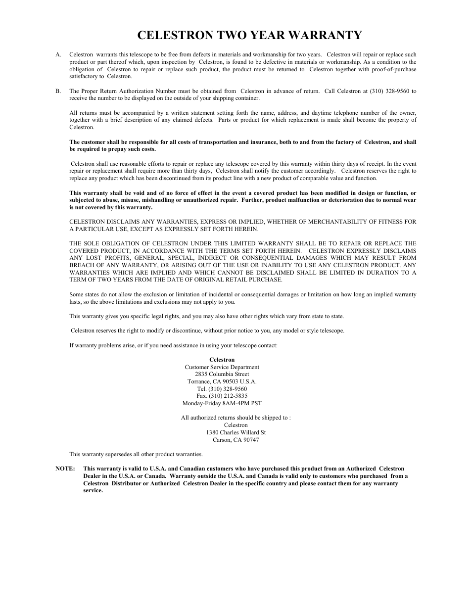 Celestron two year warranty | Celestron 127 User Manual | Page 14 / 15