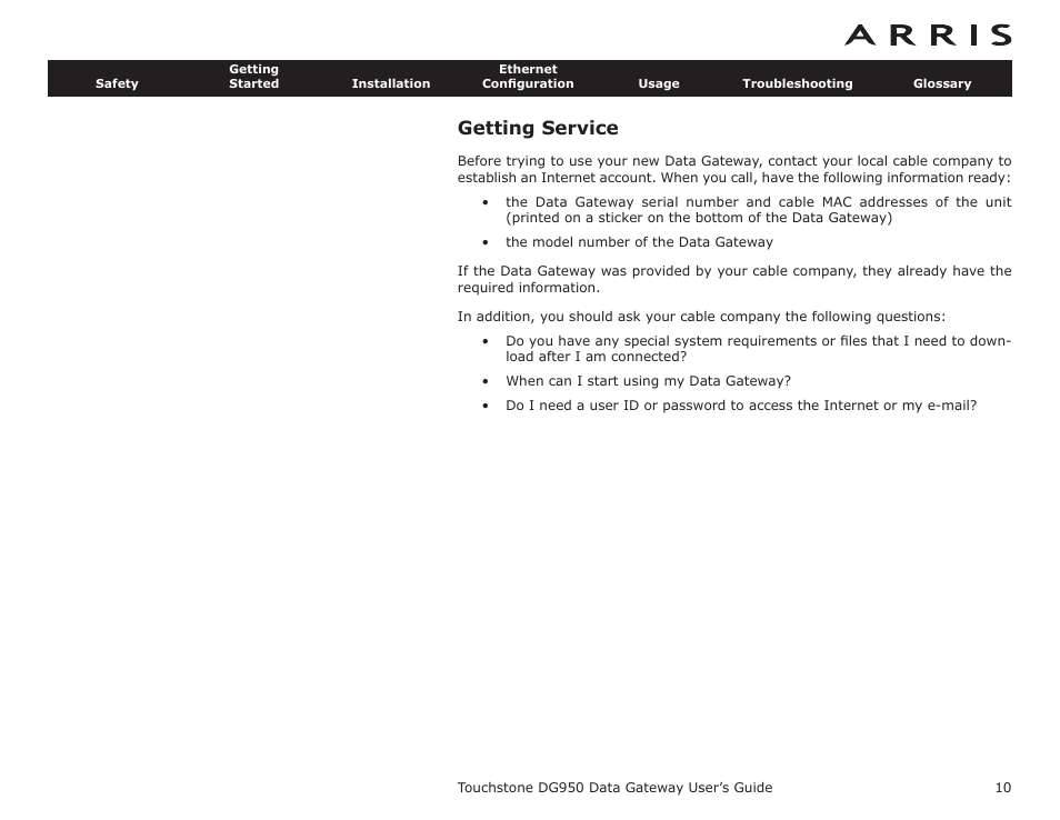 Getting service | ARRIS DG950 User Guide User Manual | Page 10 / 49