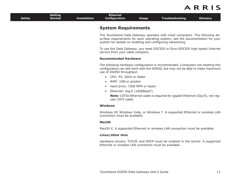 System requirements, Recommended hardware, Windows | Macos, Linux/other unix | ARRIS DG950 User Guide User Manual | Page 11 / 49